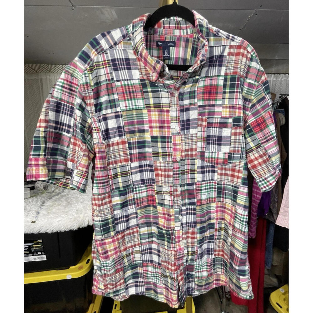 Vintage Gap Shirt Men's Large Slim Fit Plaid Patchwork Colorful 100% Cotton XL